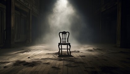 empty room with a single chair in the center. The chair is covered in dust and cobwebs