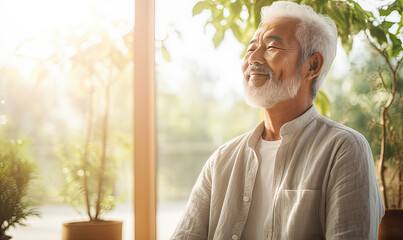 Elegant elderly man radiating grace and confidence in natural setting. About health, medical treatment, wellness, Zen, meditation, medical beauty, and cosmetics. 