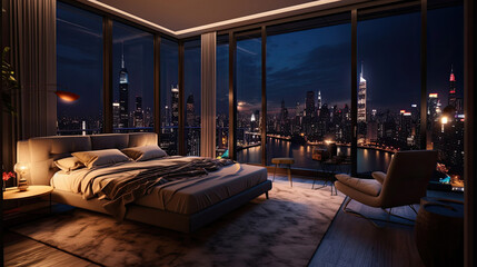 A room with a view of the city from the bed, penthouse bedroom at night. - obrazy, fototapety, plakaty