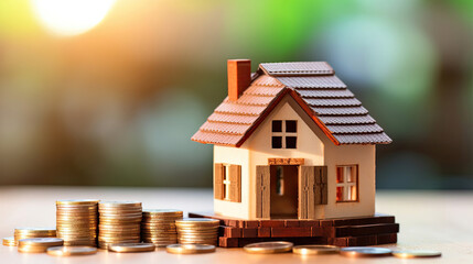 A small model house with coins, buy and sell house, Real estate business concept. - obrazy, fototapety, plakaty