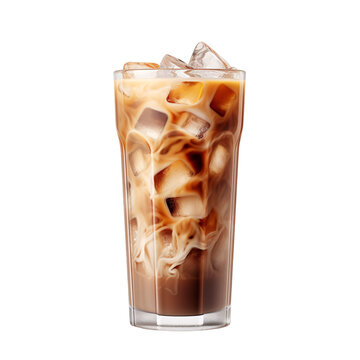 Iced coffee glass with ice cubes isolated on transparent background, iced latte drink, or cold beverage Image clipart PNG