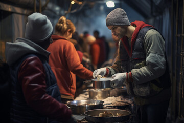 Man and his buddies volunteered at a local shelter, serving warm meals to those in need. - obrazy, fototapety, plakaty