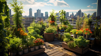green urban garden on a big city rooftop with view of the city in the background