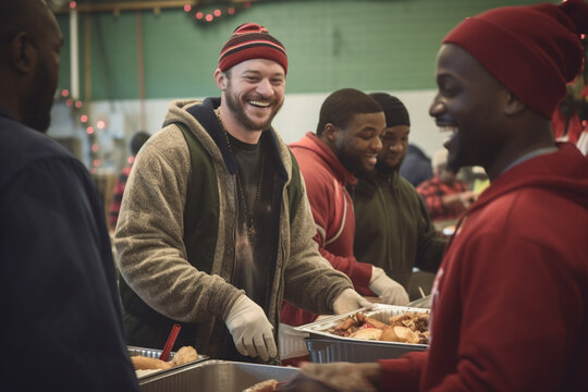 Man and his buddies volunteered at a local shelter, serving warm meals to those in need.