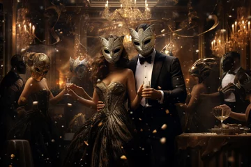 Deurstickers friends attended a masquerade ball, dancing the night away in elegant attire. © STBSTD