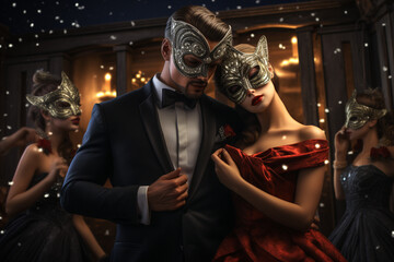 friends attended a masquerade ball, dancing the night away in elegant attire. - obrazy, fototapety, plakaty
