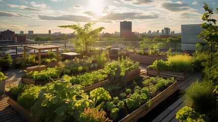 green urban garden on a big city rooftop with view of the city in the background
