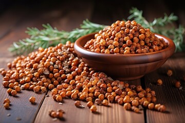pile of roasted chickpeas on an oak wooden table - obrazy, fototapety, plakaty