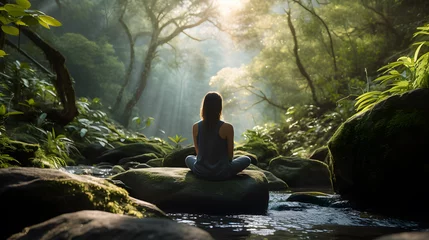 Fotobehang person doing a yoga meditation in the forest © fraudiana