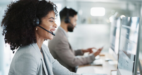 Happy woman, call center and customer service in telemarketing, support or communication at office. Friendly female person, consultant or agent smile in online advice, help or contact us at workplace