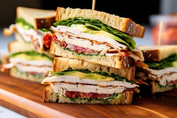 cut-away shot of a turkey club sandwich on sourdough