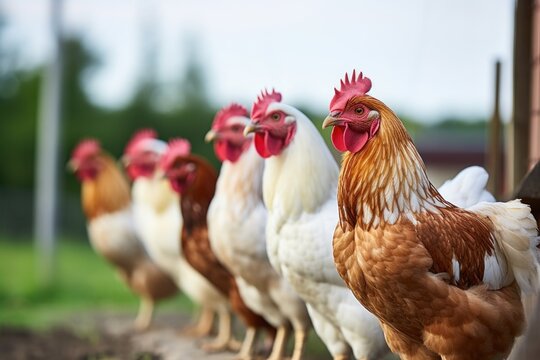 a group of chickens pecking feed, one watching from a distance