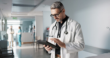 Doctor, hospital and tablet for medical information, typing and management of online charts or...