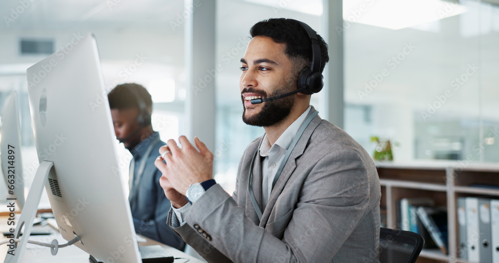 Poster computer, call center and happy man talking, crm and support at help desk office. technology, custom