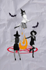 Painted paper collage of young happy witches mysterious night atmosphere ritual death isolated on grey color background