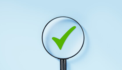 Focus on Check mark, Check Mark Sign, Tick Icon, right sign, green checkmark button. Focusing on right choice concept. On blue background. Banner. Copy space © Celt Studio