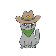 Cartoon cat cowboy in Western sheriff hat and bandana. Funny adorable animal in country style. Wild West clipart. Vector illustration isolated on white background