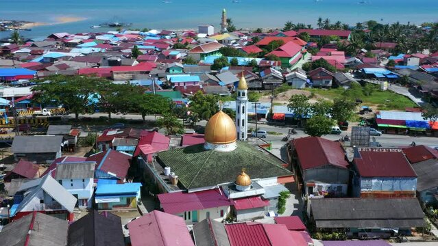 Mosque In The Coastal Town Of Balikpapan In East Kalimantan, Manggar Region Near Nusantara, Indonesia. Aerial Shot