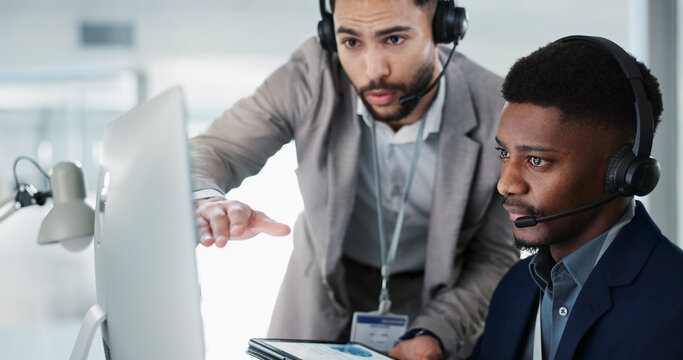 Businessman, call center and coaching in customer service, telemarketing or support at office. Team, agent or consultant training staff in teamwork for online advice, help or contact us at workplace