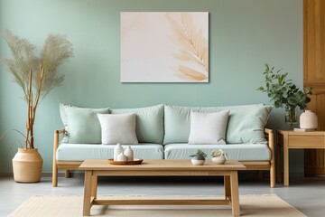 light Blue sofa with white pillows against blue pastel wall with frame poster. Scandinavian home interior design of modern living room.