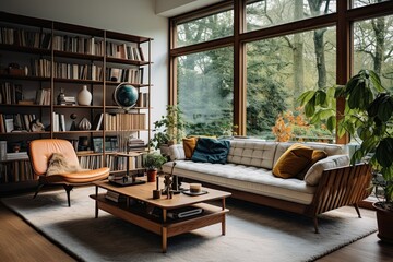 Midcentury modern Scandinavian interior with large windows.