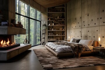 Retro style interior brutal concrete loft bedroom design architecture