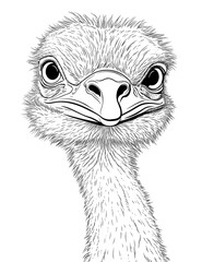 Black and white illustration for coloring birds, ostrich.