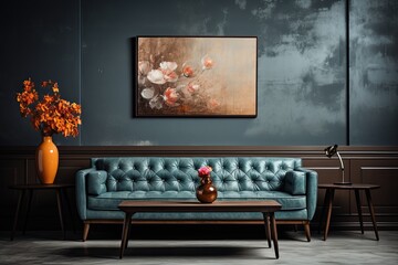 Chesterfield sofa in front of a wall with poster copy space modern interior living blue