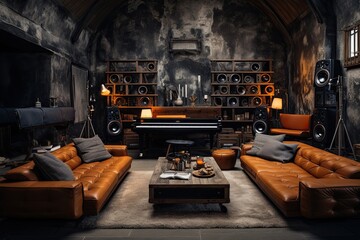 Trendy mancave interior with speakers and audio equipment, gentlemen room with down leather Chesterfield sofa and whiskey