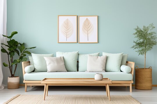 light Blue sofa with white pillows against blue pastel wall with frame poster. Scandinavian home interior design of modern living room.