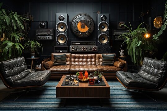 Trendy mancave interior with speakers and audio equipment, gentlemen room with down leather Chesterfield sofa and whiskey
