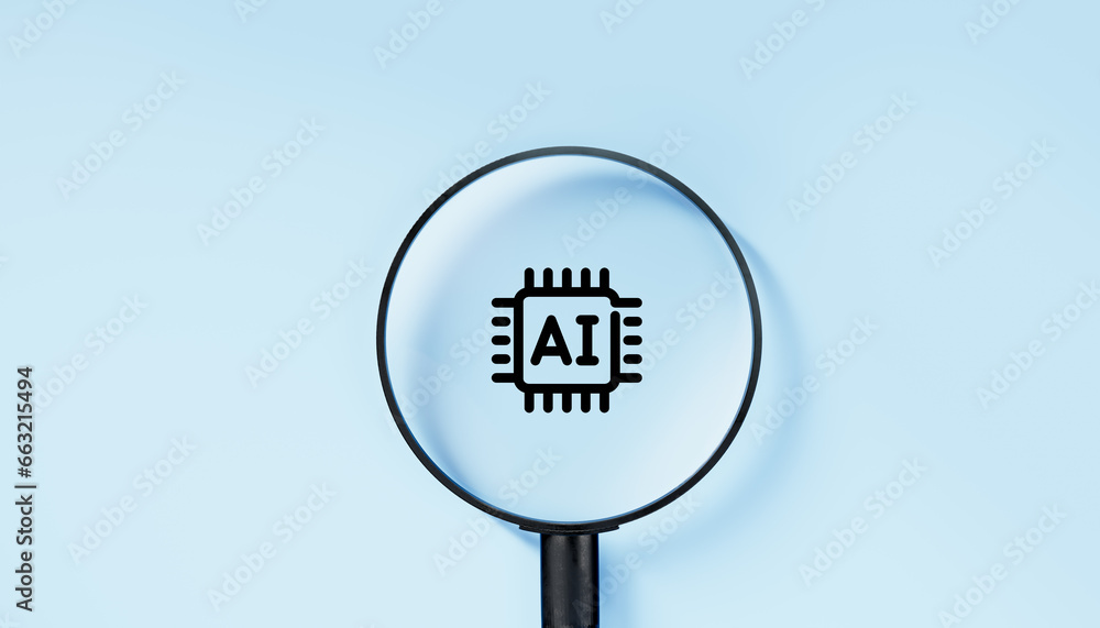 Poster ai, artificial intelligence concept. magnifying glass with ai data icon on blue background with copy