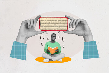 3d retro abstract creative artwork template collage of curious smart female read book hands hold...