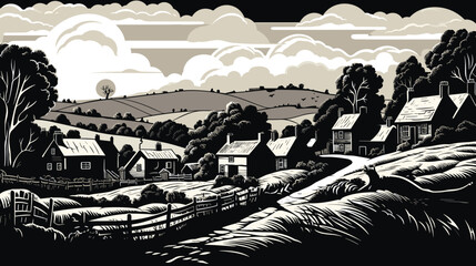 Classic English Countryside Idyllic Rural Landscape vector in engraving style - obrazy, fototapety, plakaty