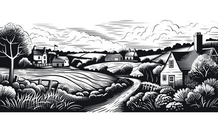 Classic English Countryside Idyllic Rural Landscape vector in engraving style