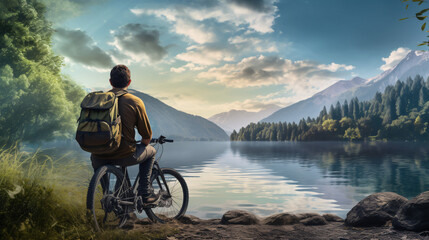 Professional mountain bike cyclist riding trail in forest, details of sports.  Happy male cyclist in reach the destination or goal. cyclist saw the lake. Ai
