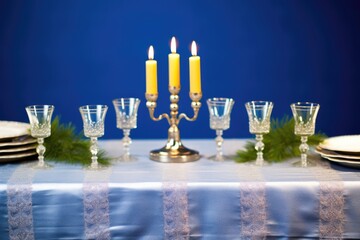 silver-colored menorah on a blue tablecloth
