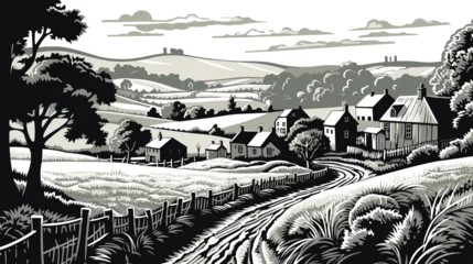 Fototapeten Classic English Countryside Idyllic Rural Landscape vector in engraving style © baobabay