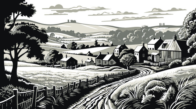 Classic English Countryside Idyllic Rural Landscape vector in engraving style