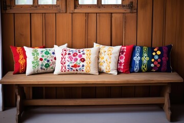 a line-up of embroidered pillows on a wooden bench