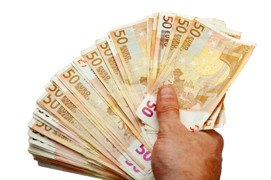 Billetes de euro aislados sobre fondo transparente. Ahorros e ingresos.