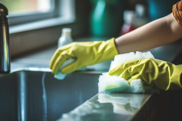 Hands of woman, gloves and washing dishes in kitchen, brush chores and house work, cleaner service and home care, Cleaning, soap and water, housekeeper working in apartment with dirt and foam at sink - obrazy, fototapety, plakaty