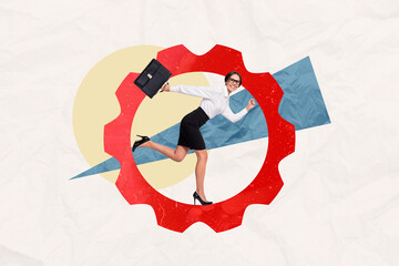 Creative composite photo collage of optimistic woman dressed formalwear run in gear cogwheel at work isolated on drawing background