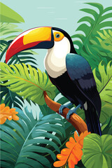 Fototapeta premium Bright tropical bird Toucan on a floral background. Colorful icon of tropical nature, Vector