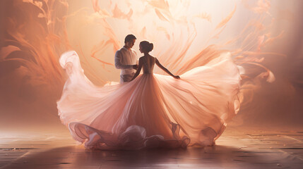 Elegant ballet dancers executing a pas de deux amid mellow tints and dreamy stage illumination. - obrazy, fototapety, plakaty
