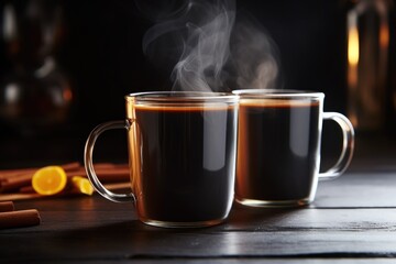 Fototapeta premium matching mugs filled with steaming hot tea