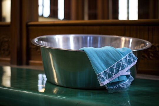 a baptismal font with clear water and a small towel beside it