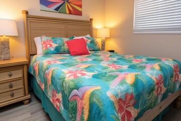 waterbed with colorful sheets and sea-themed decor