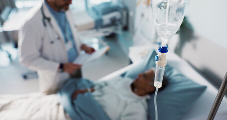 IV drip, healthcare and medicine with doctor and patient in hospital, treatment and surgery with...