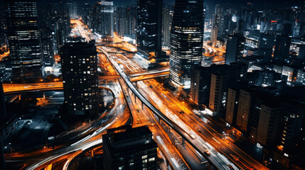 Fototapeta na wymiar Mesmerizing streams of car lights illuminate bustling city streets at night from an aerial perspective.